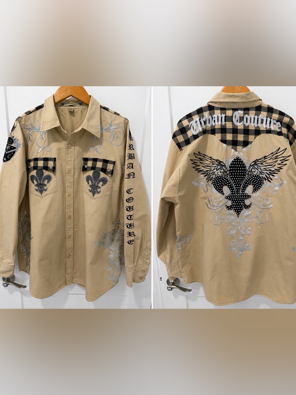Y2K Victorious Urban Couture Tan Pearl Button Stud Embroidered Western Shirt 3XL